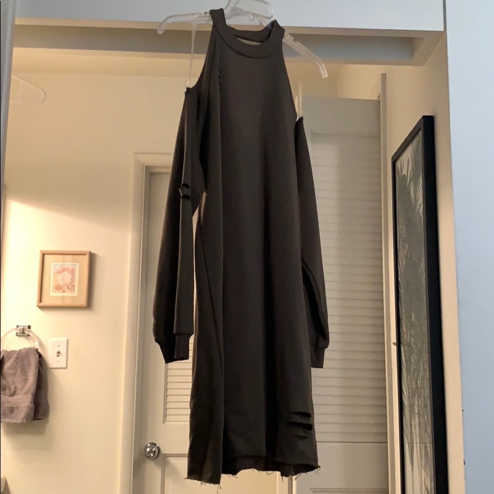 Olive open shoulder distressed sweater dress